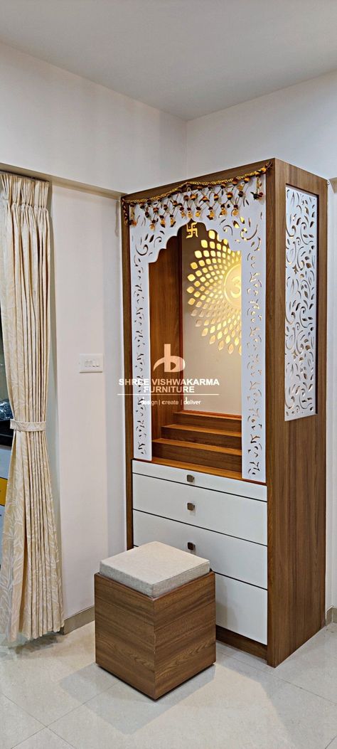 40+ Wooden Cupboard Design Bedroom & Kitchen Storage Solutuion Pujaghar Design, Temple In Bedroom Ideas, Pooja Wardrobe Design, Puja Tall Unit Design, Mandir For Living Room, Pooja Room Wardrobe Design, Small Pooja Room Ideas In Living Room, Wardrobe With Mandir Design, Devhara In Living Room