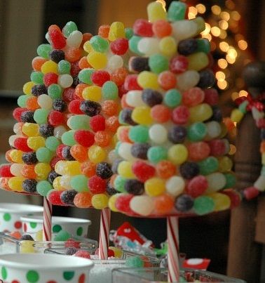 The Domestic Curator: WHIMSICAL GUMDROP CHRISTMAS TREES & CRAFTS Christmas Gumdrops, North Pole Breakfast Ideas, Gumdrop Tree, Chocolate River, North Pole Party, North Pole Breakfast, Gingerbread House Parties, Gum Drop, Gingerbread Party