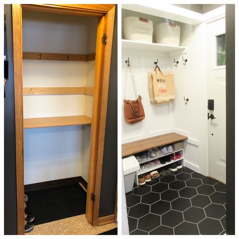 Shoes In Entry Closet, Cost Closet Turned Mudroom, Repurpose Entryway Closet, Entry Closet Conversion, Turn Coat Closet Into Mudroom, Turn A Closet Into A Mudroom, Turning A Closet Into A Mudroom, Small Closet Turned Into Mudroom, Converting Closet To Mudroom