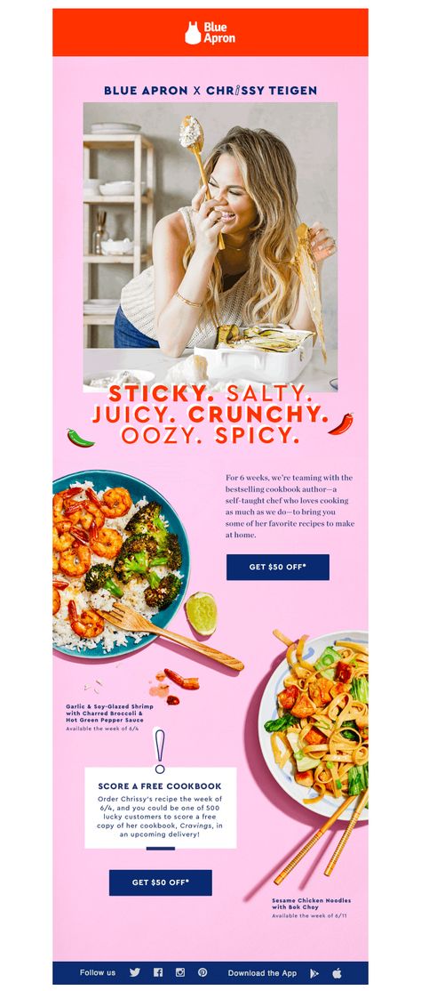 Subject: Introducing BLUE APRON x CHRISSY TEIGEN—save $50 🌶 Fitness Email Design, Email Marketing Design Layout, Email Newsletter Inspiration, Newsletter Design Inspiration, Mailing Design, Birthday Email, Email Layout, Newsletter Layout, Newsletter Inspiration