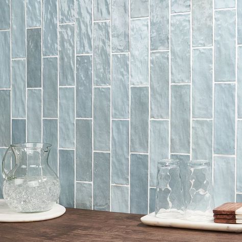 Portmore Sky 3x8 Glazed Ceramic Tile | Tilebar.com Backsplash Wall, Tiles For Wall, Glazed Ceramic Tile, Ceramic Subway Tile, Ivy Hill Tile, Blue Tile, Tile Wall, Bathroom Wall Tile, Blue Tiles