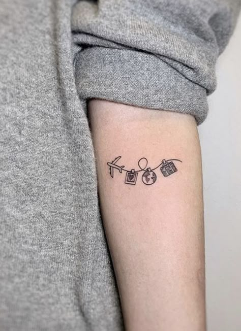 Small Tattoos For Photographers, Travel Tattoo For Men, Traveler Tattoos, Travel Tattoos For Women, Minimalist Travel Tattoo, Small Travel Tattoos, Traveling Tattoos, Tattoo Ideas Travel, Travel Inspired Tattoos