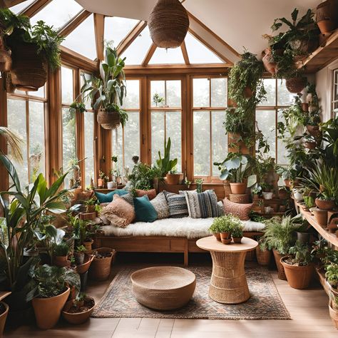 This boho sunroom is a lush retreat, enveloped in greenery with plants cascading from every corner. A cozy lounging space invites you to relax and enjoy a cup of tea while tending to your plant collection. The space combines bohemian charm with a serene atmosphere, creating a perfect nook for plant care and peaceful moments. Reading Plant Room, Sunroom With Plants Ideas, Sunroom Plant Room, Sunroom Reading Nook, Boho Conservatory, Sunroom Ideas Plants, Plants Sunroom, Sunroom With Plants, Dream Sunroom