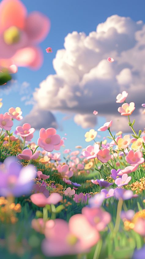 3D rendering in a cartoon style using a clay material, of a cute and colorful spring flower landscape background with grass on the ground . Clouds are floating above in a pastel colored scene with soft lighting. The rendering was done with blender and C4d using an OC renderer at high detail and 8K resolution. --ar 9:16 Cute 3d Backgrounds, 3d Art Landscape, Blender 3d Landscape, Spring 3d Art, Background 3d 3d Wallpaper, 3d Scene Design, 9 16 Aesthetic, How To Render Art, Light Color Wallpaper