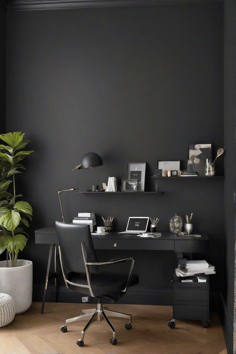 home decor interior design,interior bedroom design,designer wall paint,home paint colors Dark Grey Office Walls, Black And White Office Design, Home Office Interior Design Ideas, Home Office Interior Design, Dramatic Walls, Black And White Office, Light Colored Furniture, Home Office Interior, Grey Office