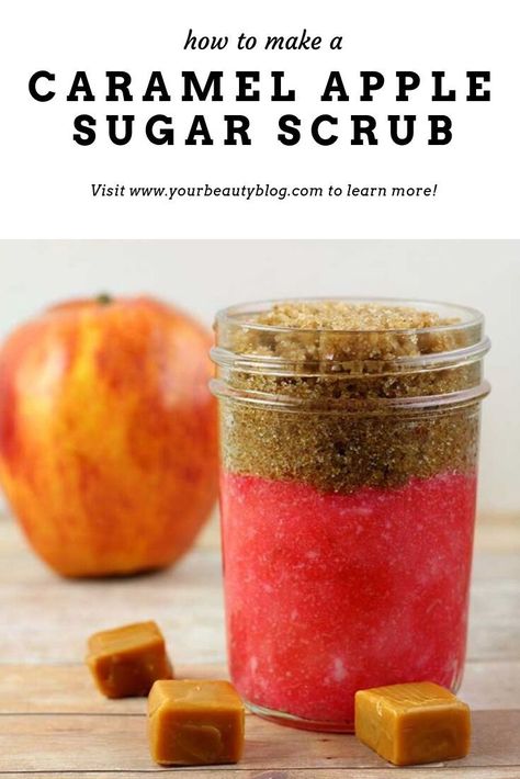 How to make a caramel apple sugar scrub recipe. This easy hand made scrub is for exfoliating the body, for hands, for legs, and for feet. This fall scrub looks cute in jars for packaging. It makes a great gift idea for Christmas, too. This simple DIY scrub uses brown sugar and white sugar. #sugarscrub #diy #diybeauty Easy Diy Scrub, Scrub Recipe Diy, Diy Body Scrub Recipes, Diy Sugar Scrub Recipe, Diy Scrubs, Diy Sugar Scrub, Săpunuri Handmade, Salt Scrubs, Body Scrub Recipe