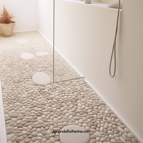 Pebble Shower Floor Pros and Cons— Is It The Right Choice For Your Bathroom? - Amanda Katherine Pebble Floor Tile Bathroom, Pebble Stone Floor Bathroom, Pebbles Tiles Bathroom, Pebble Floor Bathroom Ideas, Pebble Rock Shower Floor, Pebble Tiles Bathroom, Pebble Shower Ideas, Pebble Flooring Bathroom, River Rock Floor Bathroom