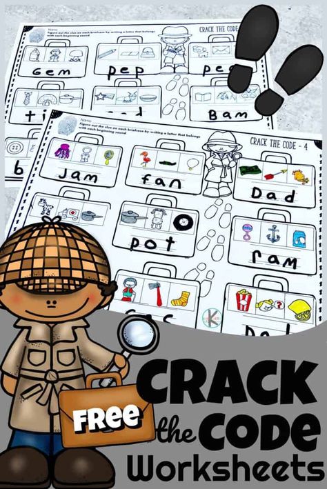 FREE Crack the Code Worksheets - Become a detective and solve the case by deciphering the cvc words. These free worksheets will make practicing phonemic awareness, beginning sounds, reading, and spelling FUN! Simply download the pdf file with these free printable, Crack the Code Worksheets for pre k, kindergarten, and first grade students! Secret Sentences Free Printables, Secret Sentences Worksheets Free, Letter Fluency, Cvc Centers, Cvc Sentences, Memory Book Kindergarten, Cvc Word Games, Improve Reading Skills, Superhero Teacher