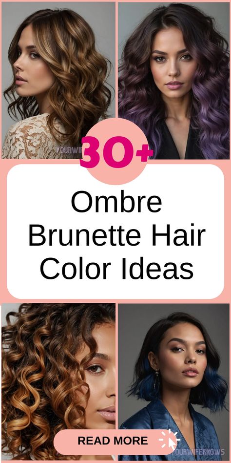 Enhance the richness of your brunette hair with stunning ombre color combinations to achieve a multi-dimensional look. Whether you fancy a gradual shift from dark to light tones or a bold, striking contrast, ombre styles for brunettes provide an elegant and fashionable choice for those seeking to refresh their appearance. Embrace the artistry of ombre techniques and turn your locks into a masterpiece that exudes sophistication. Explore new ways to elevate your brunette look! Brown To Purple Ombre, Ombre Brunette, Brunette Shades, Brunette Ombre, Ombre Fashion, Bright Hair, Ombre Hair Color, Purple Ombre, Ombre Color