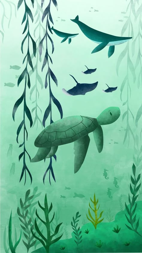 Drawing On Ipad, Sea Turtle Pictures, Turtle Wallpaper, Ocean Drawing, Sea Drawing, Ocean Illustration, Sea Illustration, Underwater Painting, Under Sea