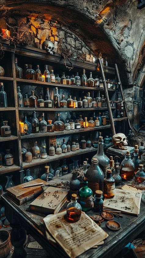 Witches Potion Station, Potions Classroom Aesthetic, Witch’s Apothecary, Apothecary Display Ideas, Fantasy Apothecary Shop, Vintage Potion Bottles, Old Apothecary Shop, Dark Apothecary Aesthetic, Witch Potions Aesthetic