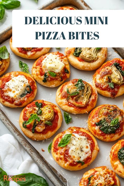 Make delicious mini pizzettas with a simple homemade pizza dough, topped with tomato sauce, cheese, and fresh basil. Customize your bite-sized pizzas with endless topping options like pepperoni, olives, and artichokes. Finger Foods Pizza, Mini Pita Pizzas, Christmas Mini Pizzas, Mini Italian Appetizers, Mini Pizza Appetizers Finger Foods, Mini Pizza Bites Appetizers, Party Pizza Ideas, Mini Pizza Cups, Simple Italian Appetizers