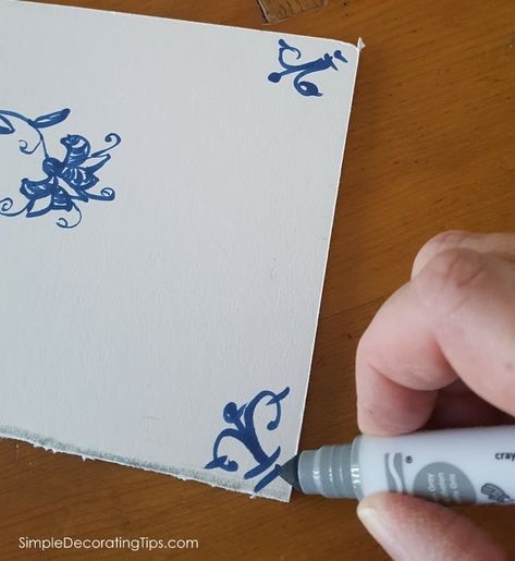 How I Made Faux Delft Tiles Antique Delft Tiles, Diy Delft Tile, Blue And White Kitchen Floor, Delft Tile Fireplace, Old Tiles Diy Projects, Study Fireplace, Colonial Lounge, Diy Tiles, Couple House