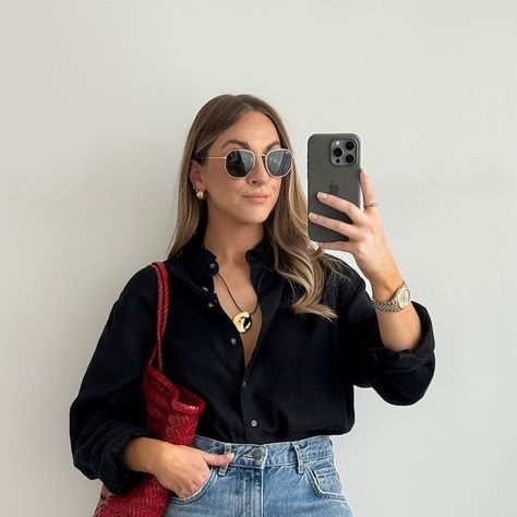 Stacie Elsmore on Instagram: "10 ways to wear a black linen shirt 👉🏻 Which look is your favourite? 🖤  A linen shirt is an absolute classic for Summer, plus it is a real work horse- I mean, how many other items can you say can be worn to the beach, office, bar & the school run!? I also like the black as it’s easier to keep clean 😂  You can shop all of my outfits over on my LTK (the link is in my bio, or search MISSY ELZ on the app)" Linen Black Shirt Outfit, Black Linen Blouse Outfit, Black Button Shirt Outfit, Black Oversized Button Up Shirt Outfit, Black Dress Shirt Outfit, Black Linen Shirt Outfit, Black Linen Outfit, Black Shirt Dress Outfit, Linen Shirt Outfit Women