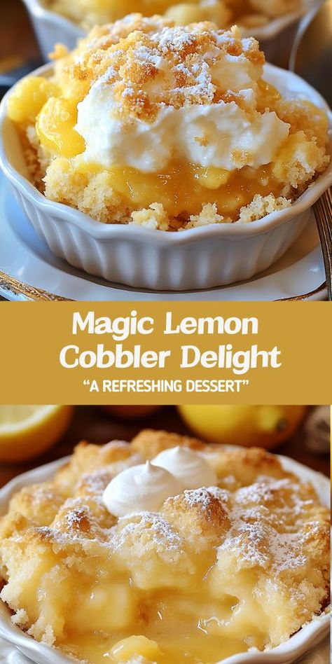 Magic Lemon Cobbler Delight is the perfect blend of tart and sweet, featuring a zesty lemon filling and buttery golden crust. Serve it warm with ice cream for a refreshing dessert that's easy to make and sure to impress.  Ingredients:  1/2 cup unsalted butter 1 cup all-purpose flour 1 1/2 cups granulated sugar, divided 1 tablespoon baking powder 1/4 teaspoon salt 1 cup milk 1/4 cup lemon juice Zest of 1 lemon 2 cups hot water Lemon Creamy Dessert, Thanksgiving Lemon Desserts, Lemon Cobbler Recipes Easy, Lemon Pudding Cupcakes, Recipes With Lemon Pudding, Fresh Lemon Recipes Desserts, Recipes To Use Lemon Curd, Lemon Holiday Desserts, Fresh Lemon Dessert Recipes