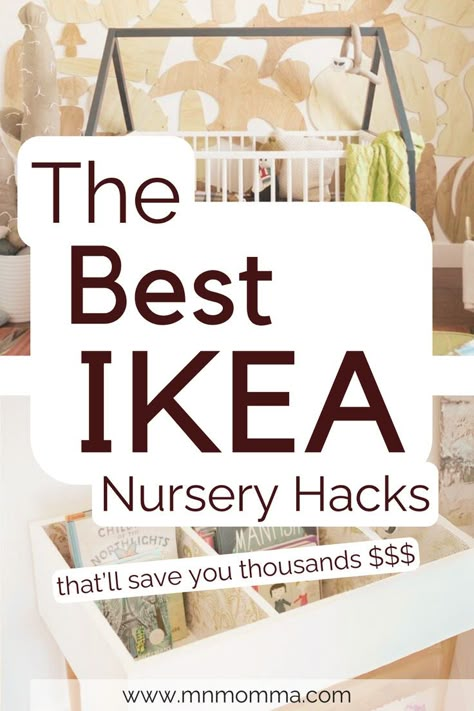 The best IKEA nursery hack ideas for your baby's bedroom. Turn our baby's room into a beautiful nursery on a budget. Get organized and gorgeous gender neutral rooms in no time. Great DIY ideas you can do yourself with these ikea or amazon pieces of decor or furniture! From the Kallax to dresser ideas - your newborn will have a beautiful room that's unique (and saves you money!) Transform your baby's room. Discover clever, budget-friendly ideas to create a cozy, stylish space. Get inspired now! Ikea Baby Wardrobe Hack, Spare Bedroom Nursery Ideas, Simple Minimalist Nursery, Ikea Nursery Storage Ideas, Ikea Dresser Nursery Hack, 2 Under 2 Nursery, Rent Friendly Nursery, Nursery Storage Hacks, Boho Baby Changing Table