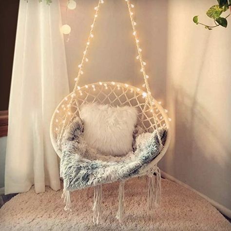 A hammock chair with lights because spring cleaning means upgrading your living room and hanging a cute, snuggly hammock chair next to your coffee table. Bedroom Hammock Chair, Hammock In Bedroom, Bedroom Swing, Macrame Swing, Purple Girl, Hanging Hammock Chair, Hanging Hammock, New Room Ideas, Room Aesthetics