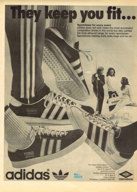 Wonderful Adidas period advertising from the 70's showing Gazelles, Jaguar and Buda Adidas Wall Prints, Adidas Advertising Poster, Vintage Adidas Aesthetic, Adidas Print Design, Adidas Vintage Poster, Adidas Ads Advertising, 70s Design Graphic, Adidas Poster Design, Posters Adidas