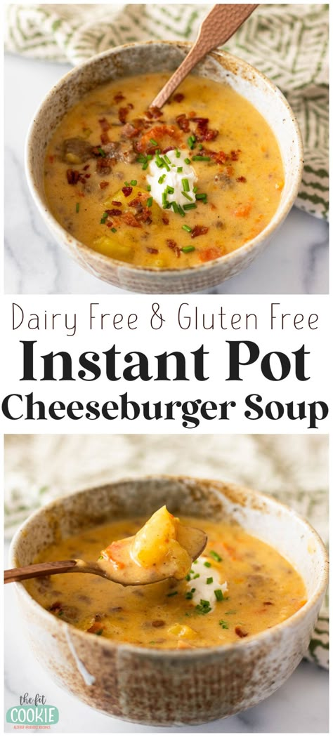 This comforting and hearty cheeseburger soup is made in the Instant Pot and is completely dairy free and gluten free. This is great as a stand-alone meal or alongside cornbread or roasted root vegetables. | thefitcookie.com Cheeseburger Soup Dairy Free, Gf Df Comfort Food, Dairy Free Whole Food Recipes, Gluten Free Dairy Free Make Ahead Meals, Cheeseburger Soup Gluten Free, Instant Pot Gluten Free Soup, Dairy Free Enchilada Soup, Gluten And Dairy Free Instapot Recipes, Crock Pot Soup Dairy Free