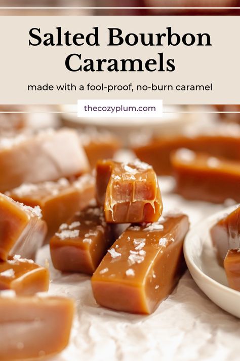 Soft and chewy bourbon caramels are topped with flaky sea salt and are the perfect sweet and salty treat for whiskey lovers! Made with a fool-proof, no-burn caramel, these whiskey caramels have a perfectly caramelized vanilla flavor with a smooth bourbon finish. Salted Caramel Candy Recipe, Caramel Candies Recipe, Salted Caramel Candy, Bourbon Caramel, Bourbon Caramels, Salted Caramels, Candy Recipe, Homemade Candy, Caramel Candy