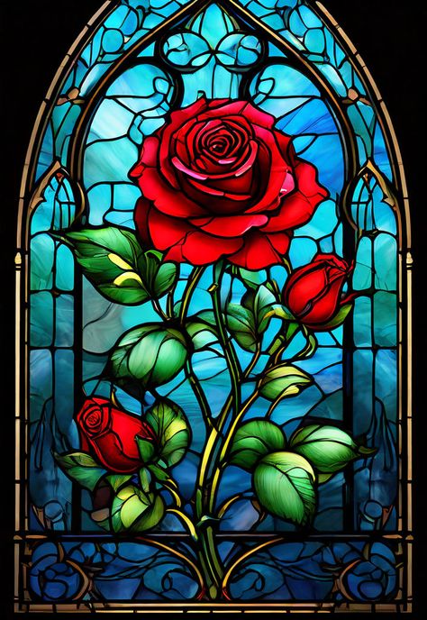 Vitray Art Ideas Easy, Beauty And The Beast Stained Glass Art, Beauty And The Beast Art, Disney Stained Glass, Beauty And The Beast Rose, Blue Roses Wallpaper, Stained Glass Windows Church, Stain Glass Window Art, Stained Glass Rose