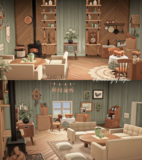 Acnh House Interior Layout, Acnh Country House Interior, Acnh Farmhouse Ideas, Art Room Animal Crossing, Acnh Sherb House Ideas Interior, Acnh Tia's House, Acnh Rooms Ideas, Animal Crossing Interior Design Ideas, Hhp Acnh Ideas Eloise