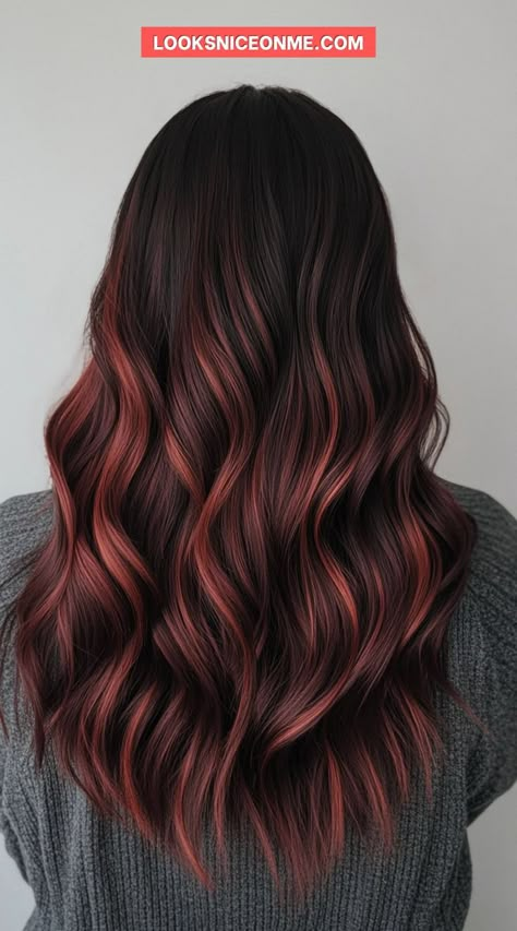 If you're looking for a bold hair transformation, a fiery red copper balayage is the way to go! The vivid mix of copper and red shades will make your hair stand out, adding warmth and personality to your style. #BoldBalayage #RedCopperHairInspo #VibrantHairColors Black To Auburn Balayage, Dark Hair With Auburn Balayage, Balayage Hair Red Brown, Chocolate Brown And Red Hair, Brown Red Balayage Hair, Red And Brown Balayage, Dark Brown Hair With Red Balayage, Black Copper Hair, Bayalage Red