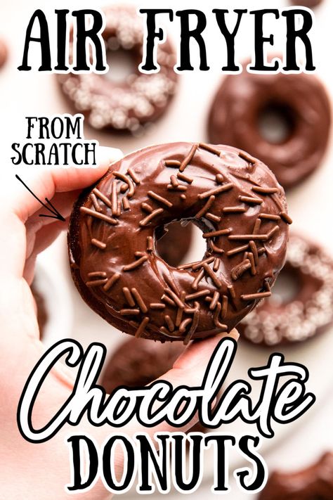 These Air Fryer Chocolate Donuts are amazingly soft and fluffy and packed full of rich chocolate flavor! Made from scratch and just as good as deep-fried! via @sugarandsoulco Air Fryer Chocolate Donut Recipes, Air Fryer Donuts From Scratch, Air Fryer Donut Recipes, Potato Donuts Recipe, Chocolate Doughnuts Recipe, Air Fryer Doughnut Recipe, Air Fry Donuts, Deep Fried Donuts, Desserts Easy Recipes