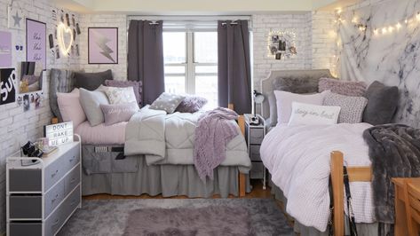 Dorm Room Boho, Purple Dorm Room Ideas, Purple Dorm Room, Solo Esthetician Room, Purple Dorm Rooms, Solo Esthetician, Purple Dorm, Room Modern Bedroom, White Dorm Room