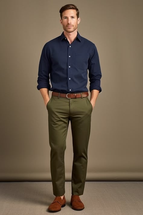 Navy Blue Button-Down Shirt and Forest Green Pants Men Green Cargo Pants Outfit, Green Pant Outfits Men, Men Olive Green Pants Outfit, Casual Wedding Men Outfit, Olive Green Pants Outfit Men Casual, Green Khaki Pants Outfit Men, Navy Dress Pants Outfit Mens, Green Formal Pants Outfit, Dark Olive Green Outfit