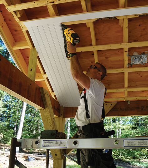 Beadboard Porch Ceiling, Patio Ceiling Ideas, Under Deck Ceiling, How To Install Beadboard, Screened Porch Designs, Hotel Lobby Design, Ceiling Finishes, Porch Ceiling, Building A Porch