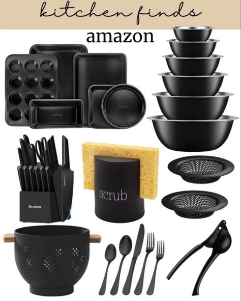 Black kitchen finds from amazon Black Kitchen Organization Ideas, Black Decor Kitchen Ideas, Black Kitchen Inspiration Apartment, Matte Black Kitchen Decor, Black House Accessories, Black Kitchen Dishes, Black And White Home Interior Kitchen, Black Themed Kitchen Ideas, Black Kitchen Astethic