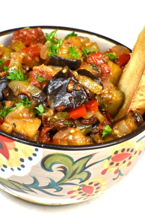 Caponata - Sicilian Eggplant Relish - GypsyPlate Eggplant Caponata Recipe, Eggplant Relish, Trending Food Recipes, Caponata Recipe, Eggplant Caponata, Trending Food, Vegan Eggplant, Sicilian Style, Eggplant Salad