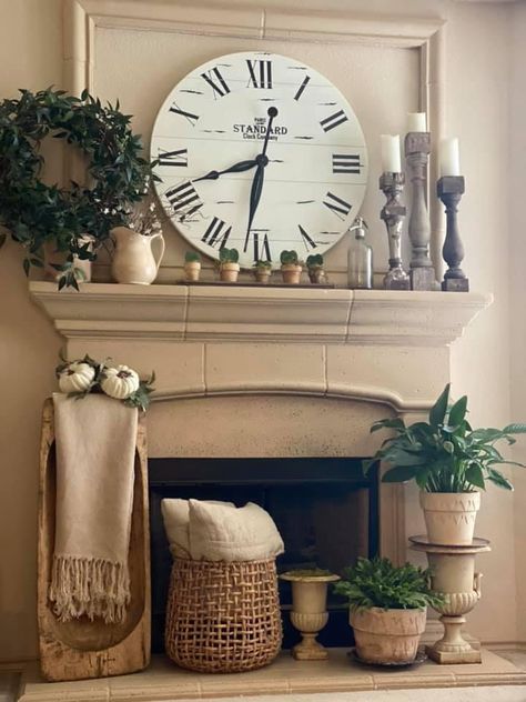 Mantle With Clock, Mantel Decorating Ideas With Clock, Clock Over Fireplace, Mantel Ideas, Fireplace Makeover, Large Clock, Mantel Decorations, Fireplace Mantle, Fireplace Decor