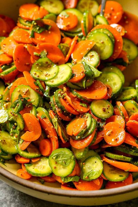 Carrot and Cucumber Salad Cucumber Tomato Carrot Salad, Carrot And Tomato Salad, Salad Recipes With Carrots, Cucumber Carrot Salad Vinegar, Carrot And Cucumber Salad, Cucumber Bowl, Cucmber Salad, Carrots Recipe Healthy, Simple Salad Recipes