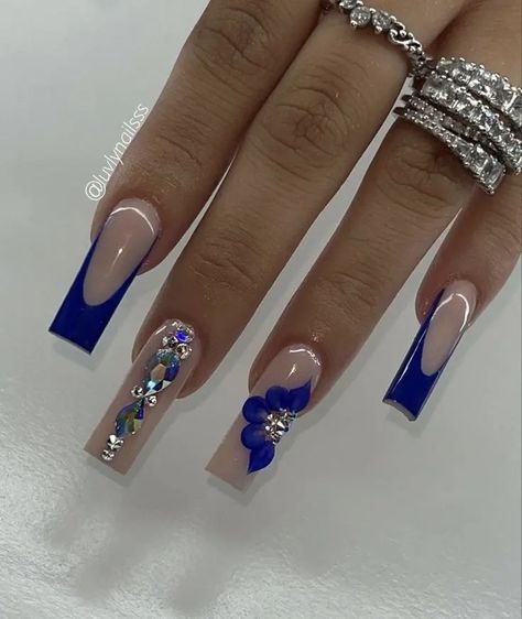 Prom Nail Ideas Royal Blue, Royal Blue Nails Designs For Prom, Royal Blue Nails For Prom Glitter, Coffin Acrylic Nails Navy Blue, Royal Blue Long Nails With Design, Royal Blue Wedding Makeup, Nail Ideas Royal Blue And Silver, Prom Nail Inspo Royal Blue, Graduation Nails Royal Blue