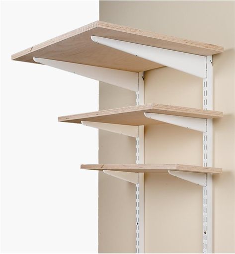 Adjustable Shelving Ideas, Garage Shelving Wall Mounted, Track Shelving Ideas, Adjustable Wall Shelves, Adjustable Closet Shelving, Track Shelving, Hallway Shelving, Wall Shelving Systems, Wall Mounted Shelving