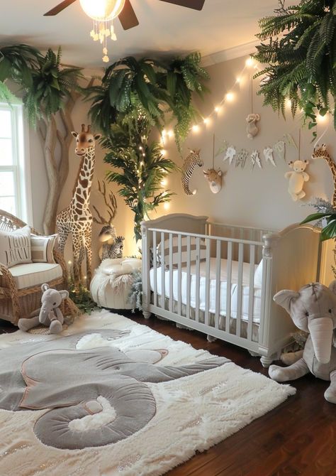 Sage Safari Nursery, Baby Boy Room Paint Ideas, Creative Nursery Ideas, Animal Nursery Theme Neutral, Cool Boy Nursery, Jungle Room Decor Kids, Baby Boy Nursery Room Inspiration, Children’s Room, Safari Living Room Ideas