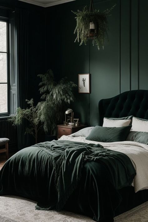 Elevate Your Home with a Dark Green Moody Bedroom Interior Transform your space into a serene sanctuary with deep, rich hues that evoke a sense of intimacy. Embrace the soothing ambiance as dim lighting complements the velvety greens, creating a cocoon-like haven. Unite plush textures like velvet and faux fur for an opulent touch, fostering a cozy escape from the world. Accentuate with metallic elements for a touch of glamour, and punctuate the space with natural accents to maintain balance. Green Moody Bedroom, Dark Green Moody Bedroom, Green Room Ideas Bedroom, 2024 Interior Design Trends, 2024 Interior Design, Dark Green Rooms, Green Bedroom Decor, Dark Green Walls, Moody Bedroom