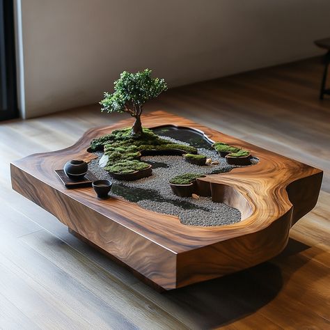 The Zen Rock Garden Coffee Table brings tranquility into your home with its minimalist design. Inspired by traditional Japanese rock gardens, this table features a serene arrangement of stone-like elements on a smooth, natural surface. Its calming aesthetic makes it a perfect centerpiece for fostering relaxation and mindfulness in any living space. Zen Coffee Table, Table Zen Garden, Coffee Table Natural Wood, Bonsai Interior Design, Zen Garden Table, Japanese Wood Art, Japanese Furniture Traditional, Bonsai Tree Decor, Nature Inspired Furniture