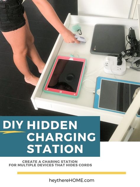 Hidden Charging Station Ideas, Charging Drawer, Diy Charging Station, Ipad Charging Station, Device Charging Station, Charging Station Drawer, Electronic Charging Station, Mobile Charging Station, Home Organisation Tips