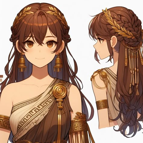 Anime Greek Goddess, Anime Goddess Oc, Goddess Drawing Reference, Anime Goddess Art, Greek Character Design, Anime Priestess, Deity Oc, Greek Kingdom, Greek Mythology Characters