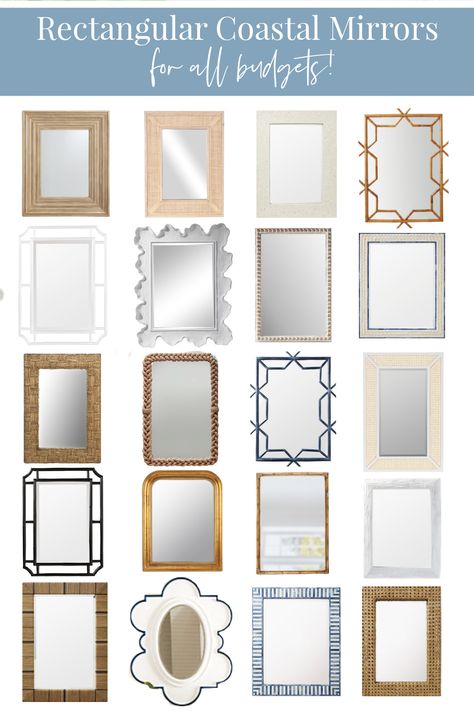 Nautical Bathroom Vanity Mirrors, Coastal Powder Room Mirror, White Framed Mirror Bathroom, Coastal Bathroom Mirrors Master Bath, Coastal Powder Room Ideas Half Baths, Modern Coastal Half Bath, Coastal Mirrors Bedroom, Powder Room Mirrors Ideas, Powder Room Ideas Coastal