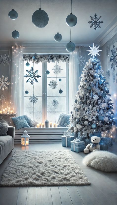 #Christmas Decoration Ideas# Blue Christmas Decor Bedroom, Jack Frost Christmas Decorations, Christmas Decor Ideas Blue And White, Blue Christmas Theme Decorating Ideas, Winter Wonderland Christmas Theme Decor, Winter Wonderland Decorations House, Blue And Silver Living Room Ideas, Blue White And Silver Christmas Tree, Baby Blue Christmas Decor