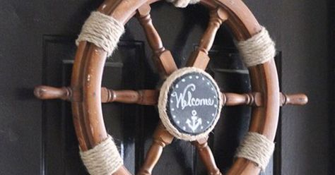 Our door has been begging for a wreath so I finally gave in and upcycled an old ship helm into a nautical wreath. You can check out the full post on my blog :) Nautical Decor Diy, Ship Helm, Decor Marin, Nautical Ideas, Nautical Diy, Nautical Wreath, Nautical Crafts, Nautical Home, Beach Theme