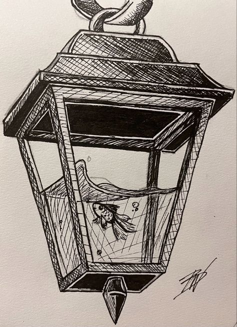 Fish trapped in a lantern fast sketch ink drawing fine lines black and white Drawing Of A Lantern, Lantern Pencil Drawing, Fineline Pen Art, Lantern Reference Drawing, Simple Pen Sketches Aesthetic, Water Sketch Pen, Lantern Fish Drawing, Drawings To Do With Pen, White Doodle Aesthetic