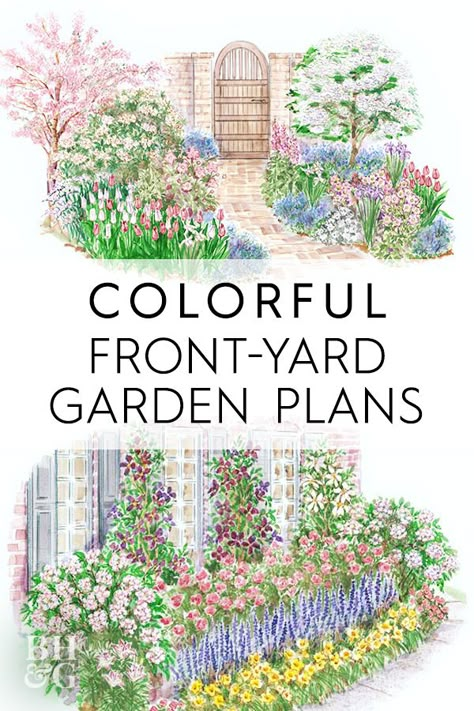 Looking for a colorful front-yard garden plan? Check out our favorite front-yard garden plans here. #gardenplans #gardenplanslayout #gardenlayout #project #printablegardenplan #landscape #bhg Flower Garden Ideas In Front Of House Landscaping Perennials, Full Front Yard Garden, Yard Plans Layout Design, Front Yard Landscape Plans Layout, Front Yard Garden Plans Layout, Landscape Design Plans Front Yard, Perrenial Landscaping Front Yards, Zone 5 Cottage Garden Plans, Garden Shapes Layout Front Yards