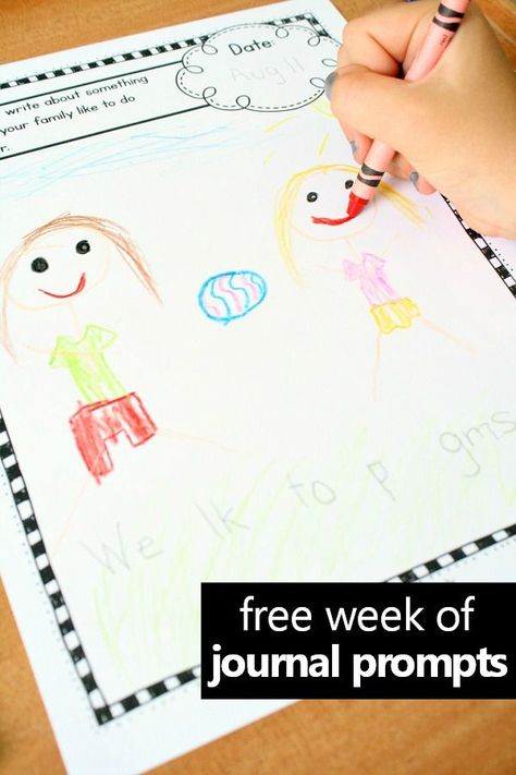 Free printable journal covers and a week full of writing prompt ideas in 3 different formats. Tips for using writing prompts for kids. Includes best practices for introducing and using writing prompts in preschool, kindergarten, and first grade. #freeprintable #literacy #writingprompt August Writing, Kindergarten Journals, Writing Prompt Ideas, Preschool Journals, Free Printable Journal, Teaching Handwriting, Kindergarten Writing Prompts, Dr. Seuss, Prompt Ideas