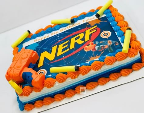 Nerf Birthday Party Ideas Cake, Nerf Cupcakes, Nerf Cakes For Boys, Nerf Cake Ideas, Nerf Birthday Party Ideas Food, Nerf Birthday Cake, Nerf Birthday Party Ideas, Nerf Party Food, Birthday Cake Beer