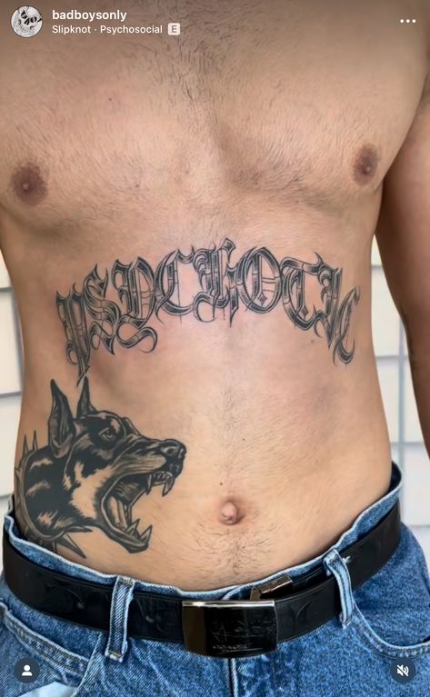 Edgy Mens Tattoos, Best Stomach Tattoos For Men, Belly Writing Tattoo, Abdominal Tattoos Men, Men Tattoo Stomach, Stomach Text Tattoo, Dark Rib Tattoo, Grind Tattoo Men, Guy Stomach Tattoos